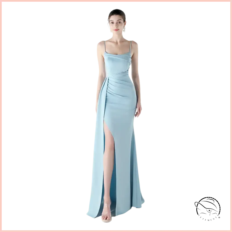 Elegant langry high slit evening dress in light blue satin fashion