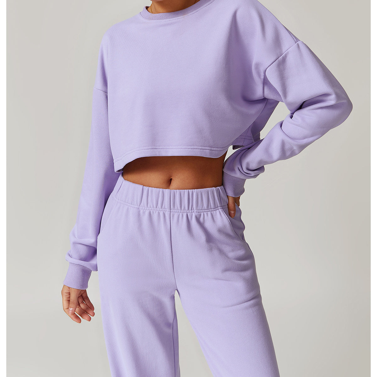 Lavender long sleeve crop top and sweatpants set for stylish autumn winter fashion