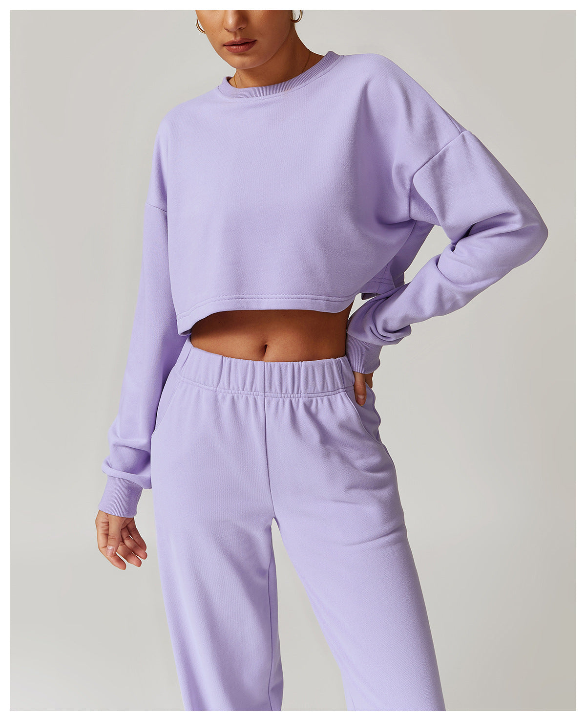 Lavender long sleeve crop top and sweatpants set for stylish autumn winter fashion