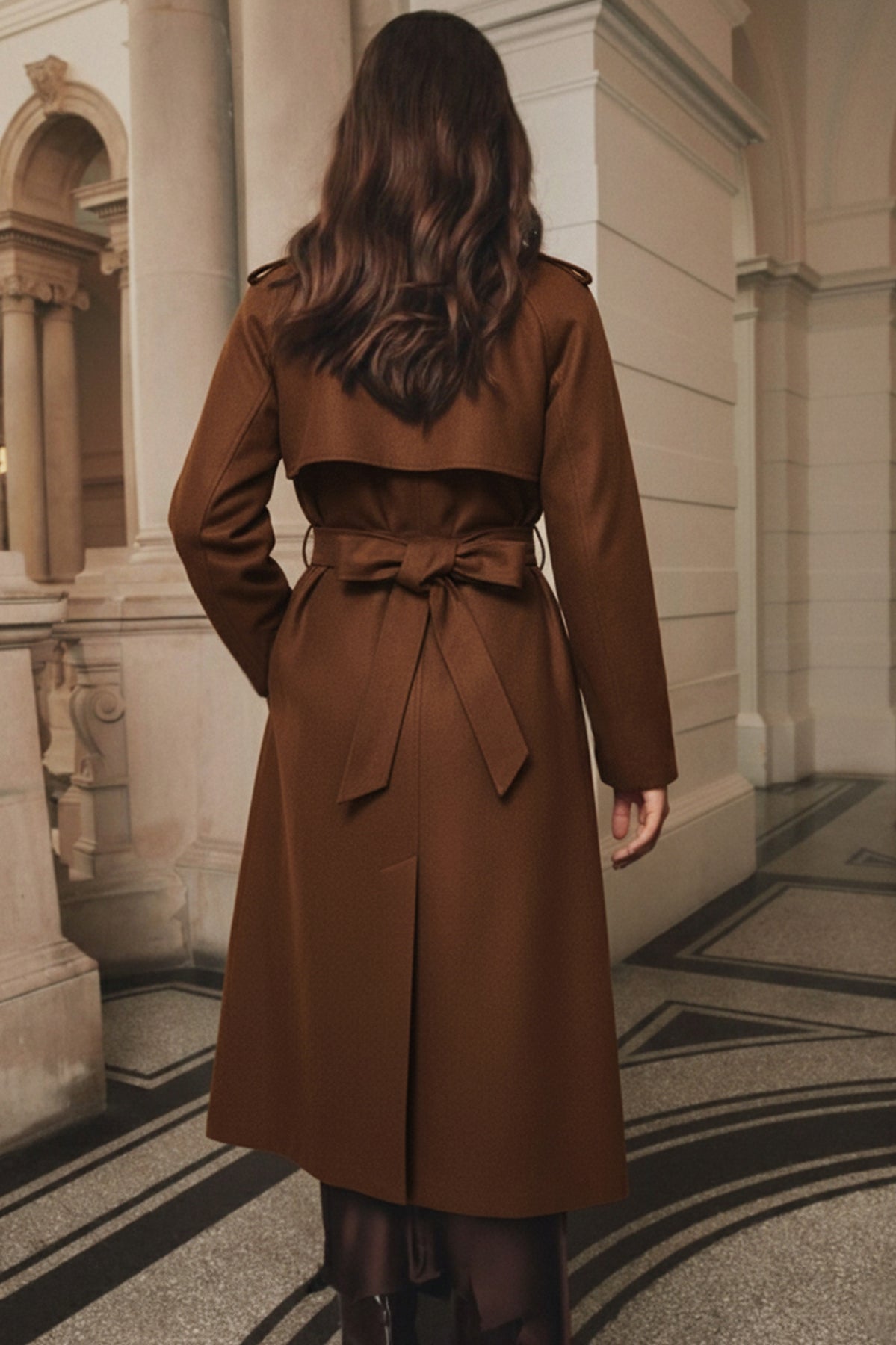 Elegant langry fashion woolen trench coat with belted waist