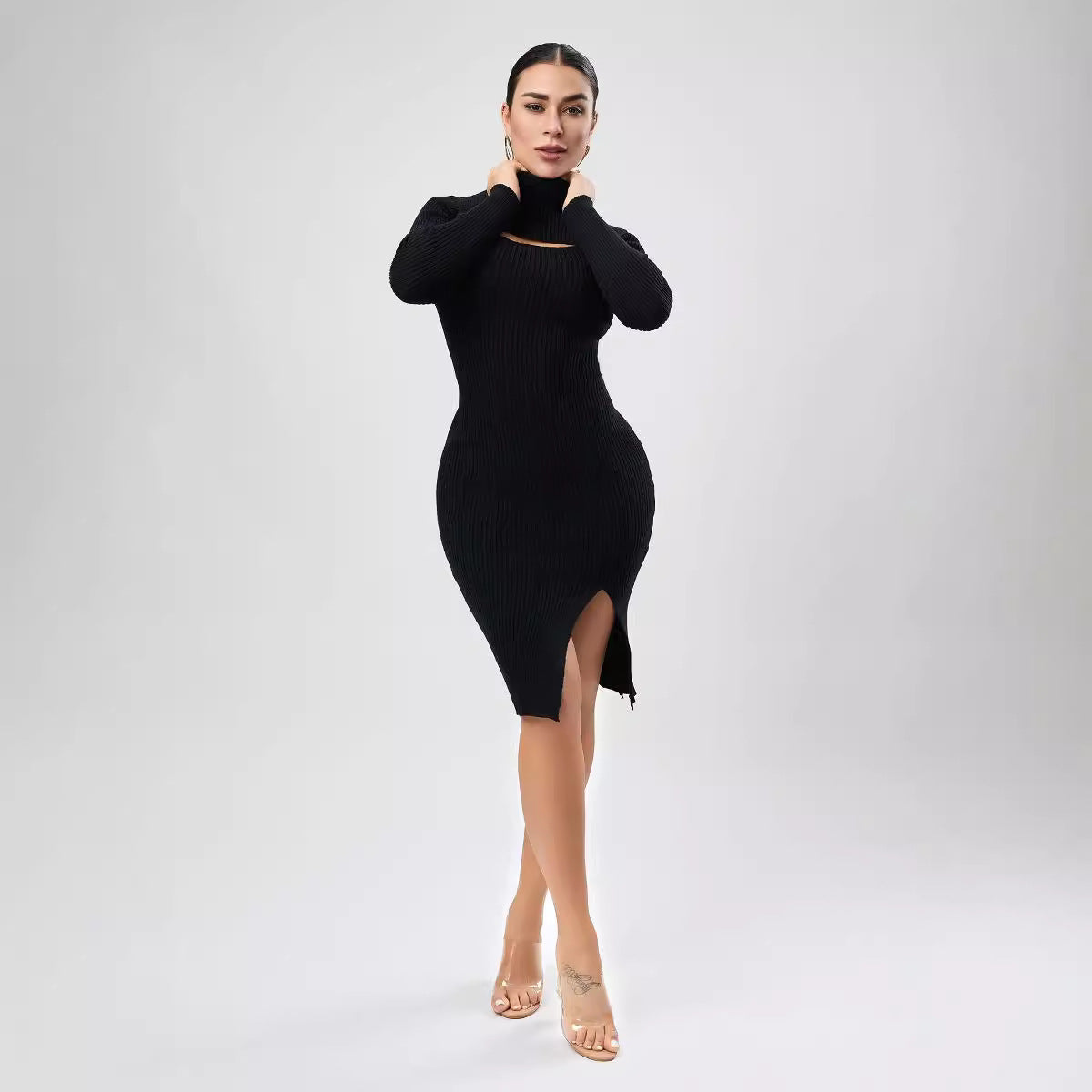 Black ribbed turtleneck midi dress from Beautiful Evening Dress, a stylish fashion choice