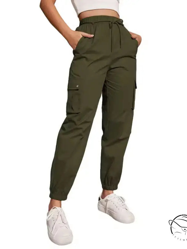 High waist wide leg olive green cargo pants with ankle cuffs