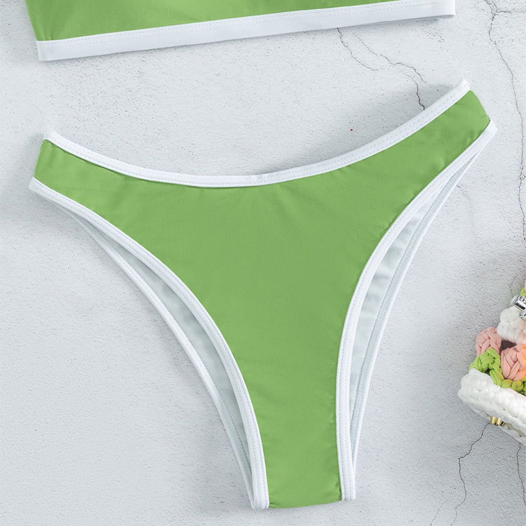Green and white bikini bottom with solid color stitching, small stitching details for a fresh look