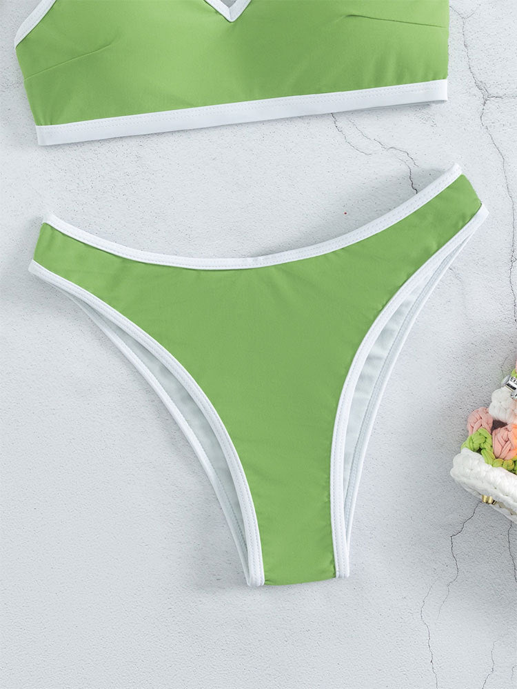 Green and white bikini bottom with solid color stitching, small stitching details for a fresh look