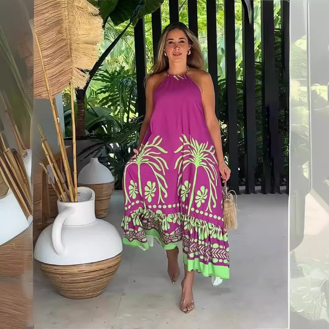 Spring Printed Sleeveless Loose Halter Dress Backless Women
