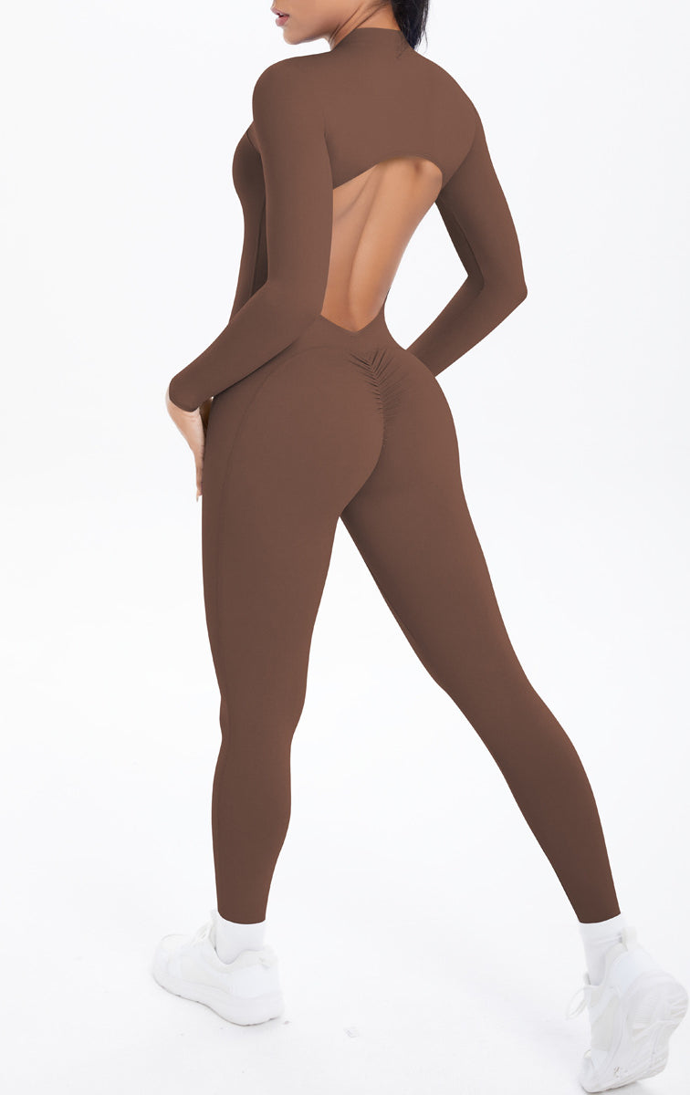 Sleek long sleeve yoga zipper one piece in solid brown with back cutout