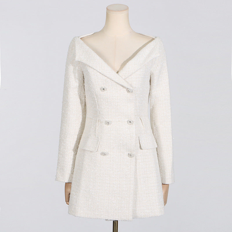 White tweed double-breasted dress from Off Shoulder Long Sleeve Waist Pocket Stitching High Sense Dress collection, perfect for elegant fashion and ملابس