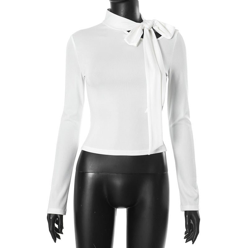 White long-sleeved tie-neck top from the Simple round Neck Slim Fit Top collection, elegant fashion ملابس