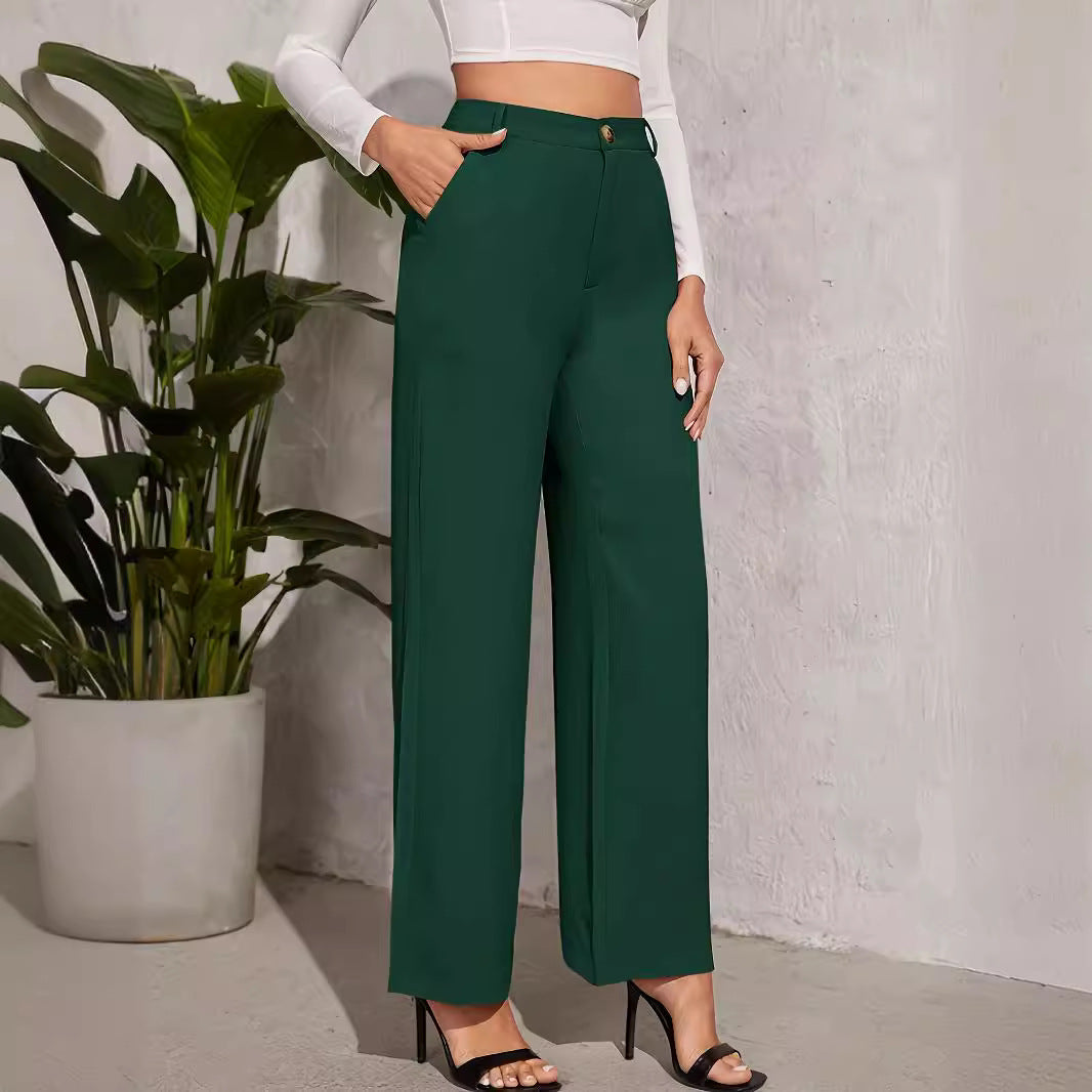 Emerald green high waist wide leg straight casual pants with pockets for elegant fashion