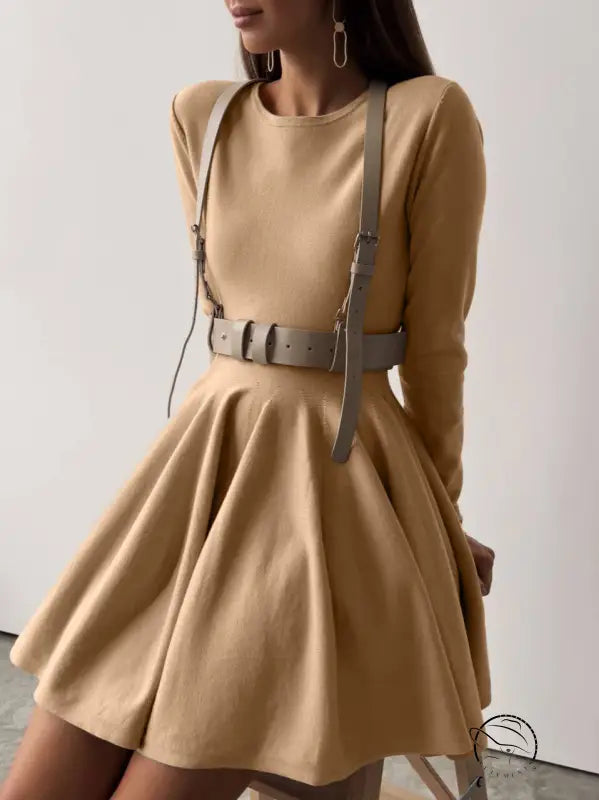 Beautiful woolen knitted tan long-sleeved dress with harness belt