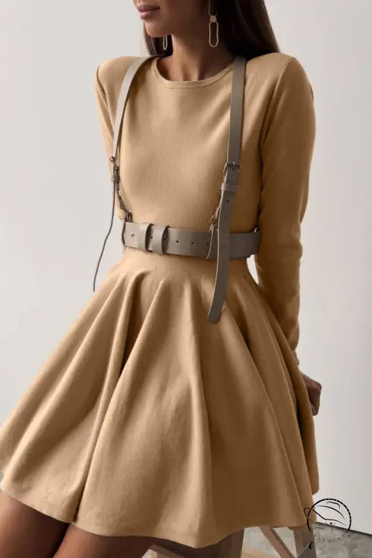 Beautiful woolen knitted tan long-sleeved dress with harness belt