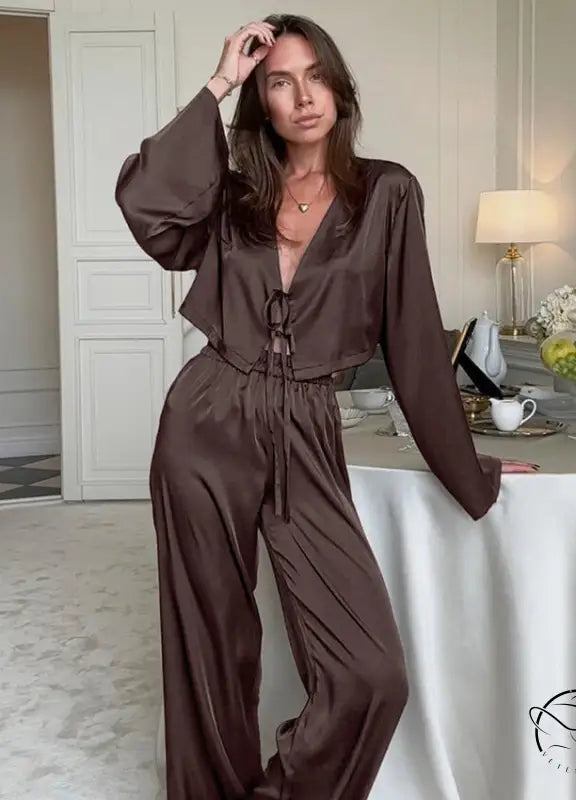 Brown satin pajama set in casual comfortable soft homewear