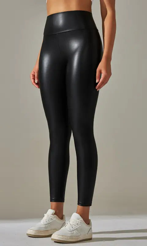 High waist faux leather leggings with white sneakers