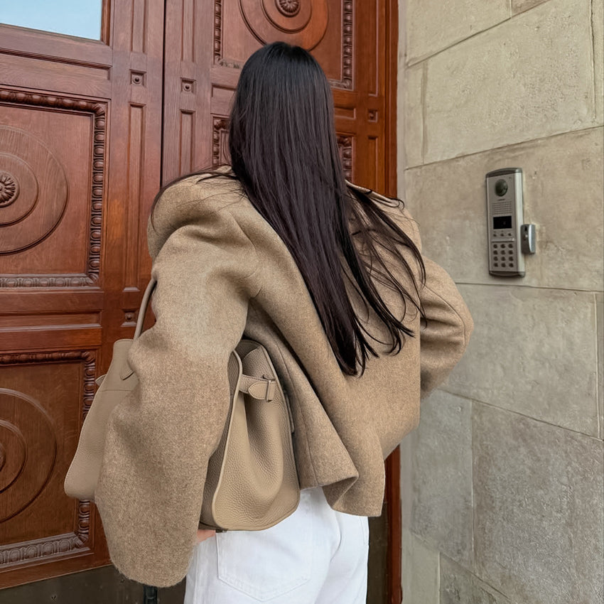 Beige Langry oversized hooded coat with pockets, fashion apparel