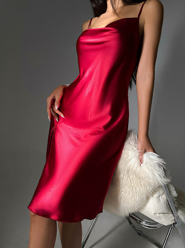 Vibrant red langry satin slip dress with square neckline