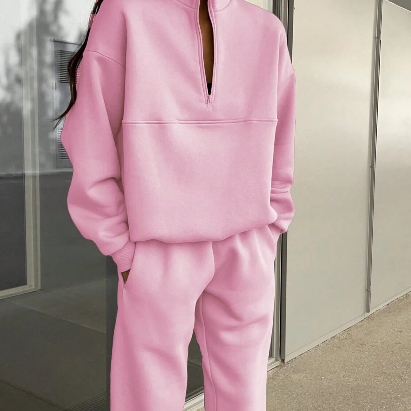 Langry pink zip-up collared fashion sweatshirt and pants set with pockets