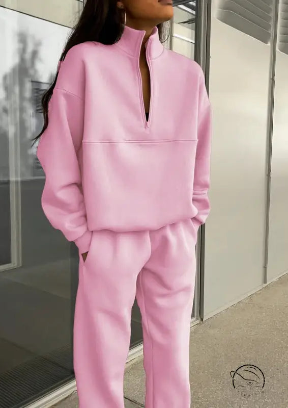 Langry pink zip-up winter fashion two-piece set with pockets