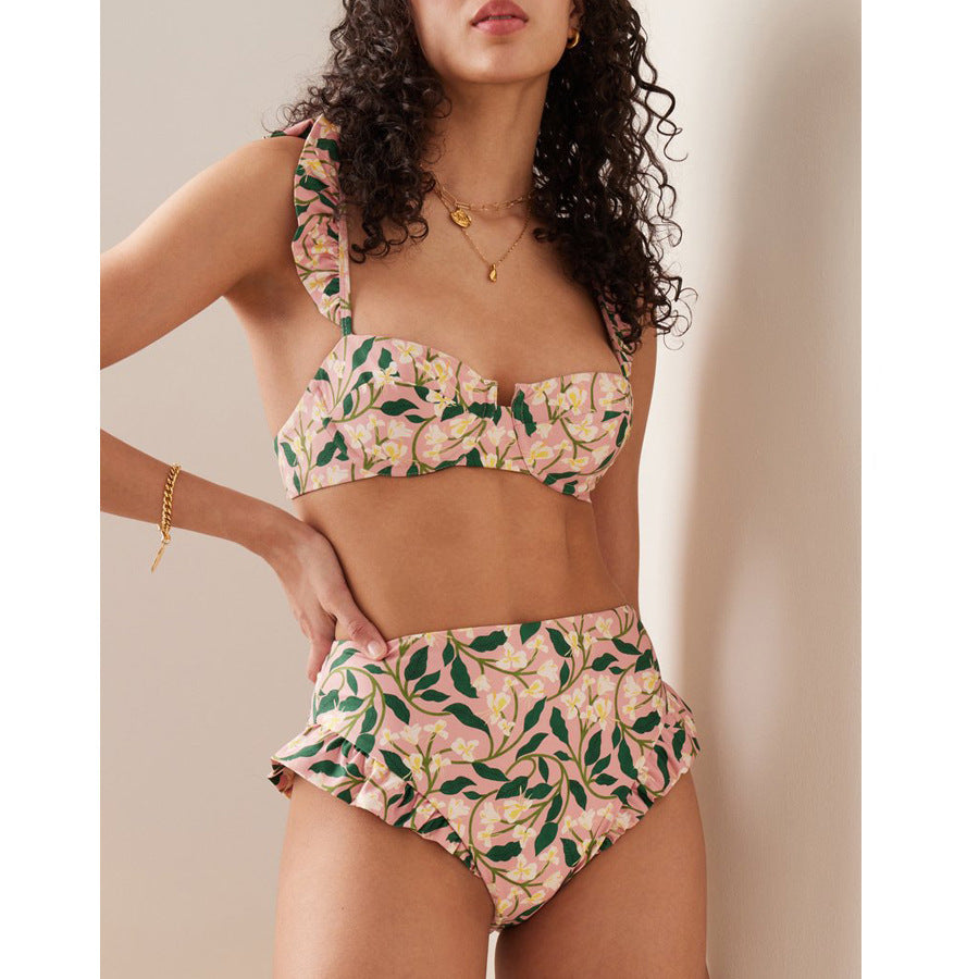 Floral print two-piece swimsuit with ruffled details, perfect for summer fashion