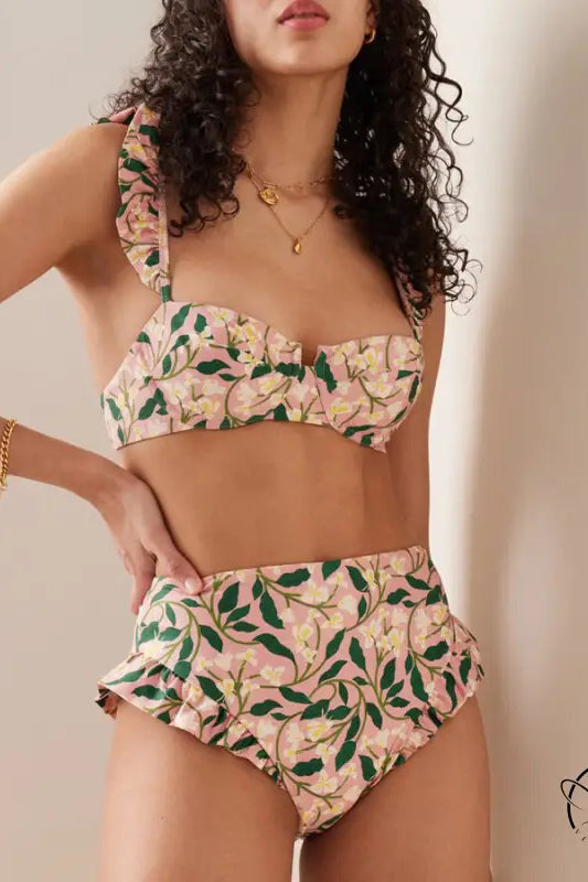 Cute bikini split swimsuit outfit in floral print with ruffles