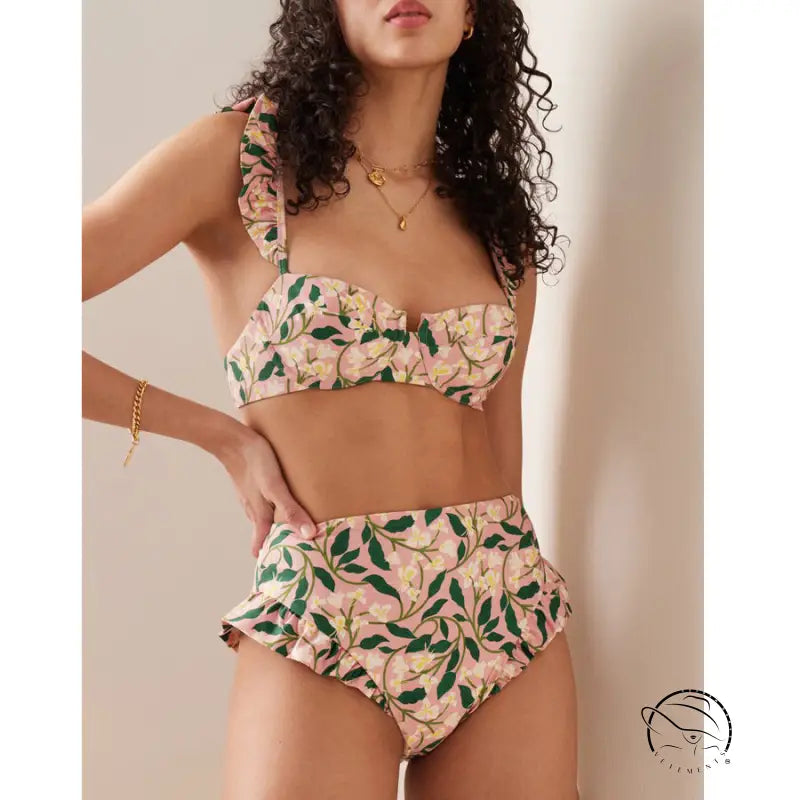 Cute bikini split swimsuit outfit in floral print with ruffles