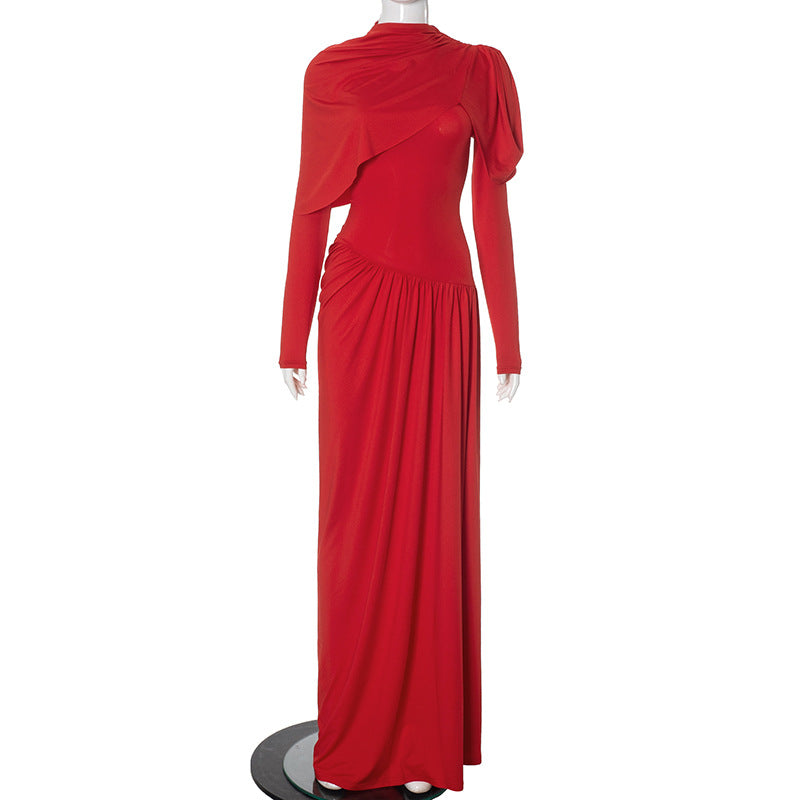 Red long-sleeved formal gown with asymmetrical draping in high-grade fashion ملابس