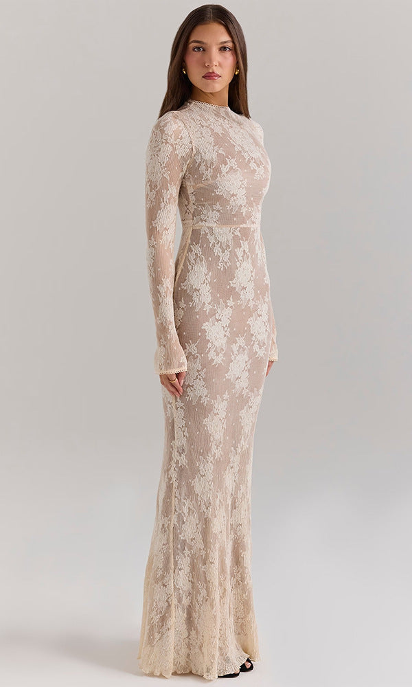 Lace-covered long-sleeved floor-length dress from the Stunning Slim Sheath Dress collection