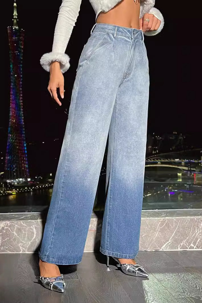 Women’s high-waisted wide-leg ombre denim trousers showcasing stylish langry fashion