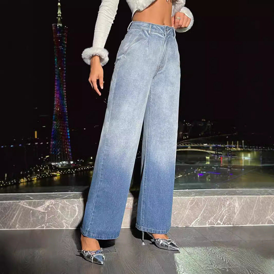 Women’s high-waisted wide-leg ombre denim trousers showcasing stylish langry fashion