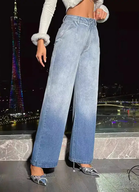 Women’s high-waisted wide-leg ombre denim trousers in blue fade