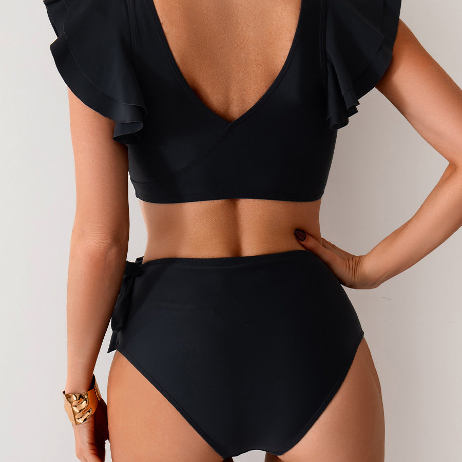Black ruffled two-piece swimsuit from Stunning High Waist Bikini, a stylish fashion choice