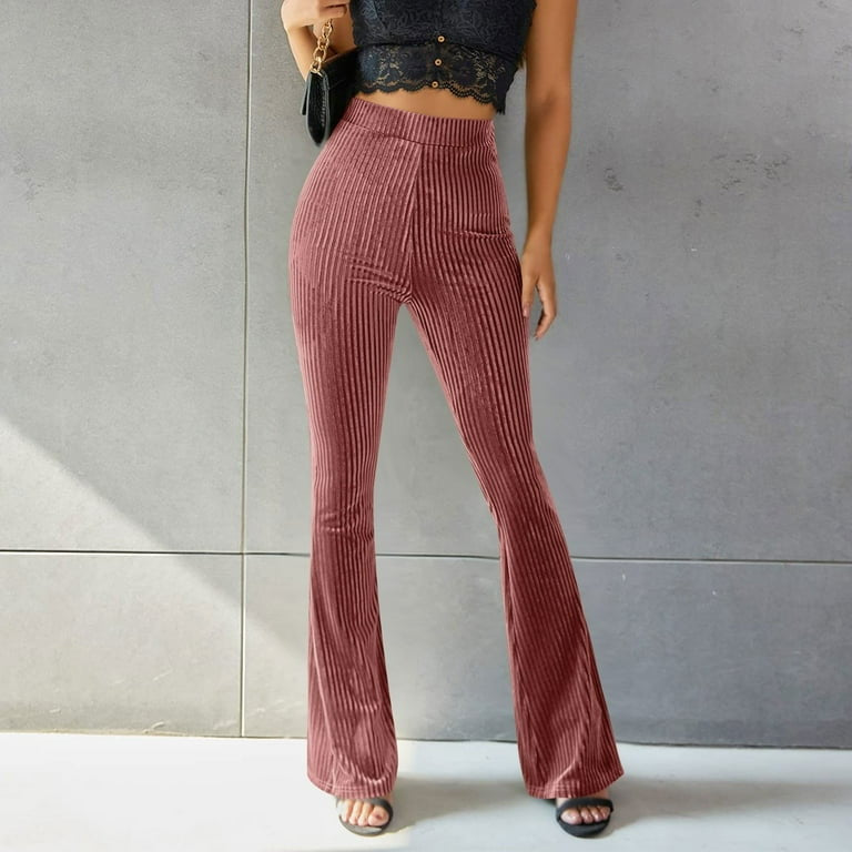 High waist pleuche sunken stripe pants with flared legs and corduroy texture