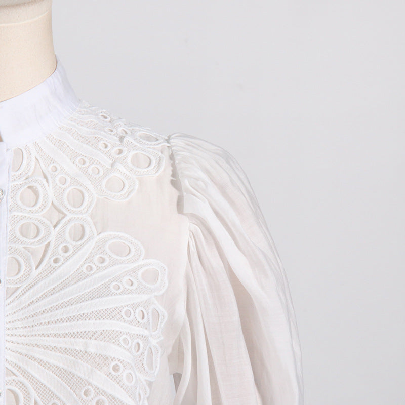 White eyelet blouse from French Artistic Palace Embroidery Jumpsuit showing elegant langry fashion and ملابس style