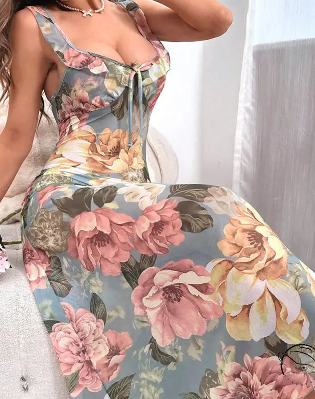 Floral print dress maxi nightdress in elegant midi style
