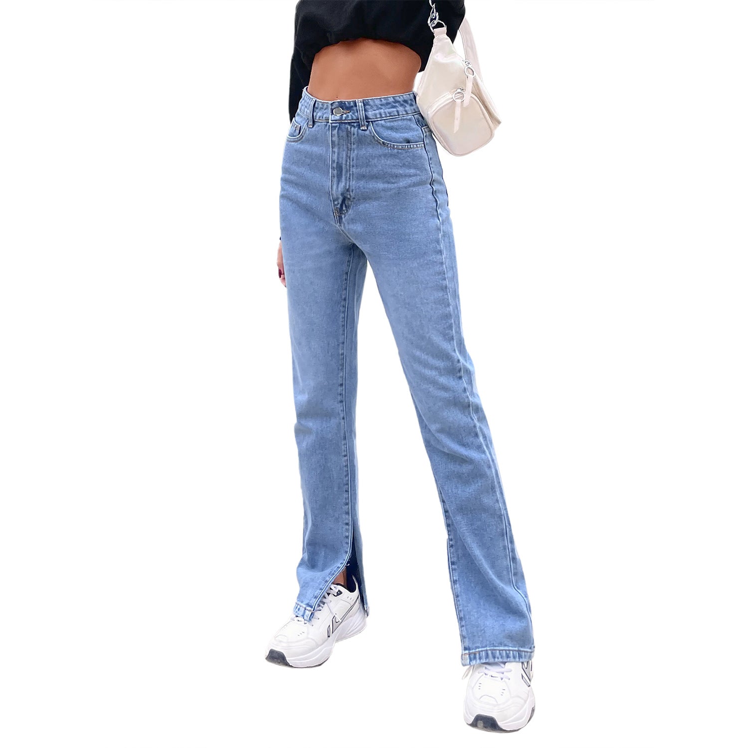 Light blue high-waisted denim pants with front slit ankles, perfect for casual fashion