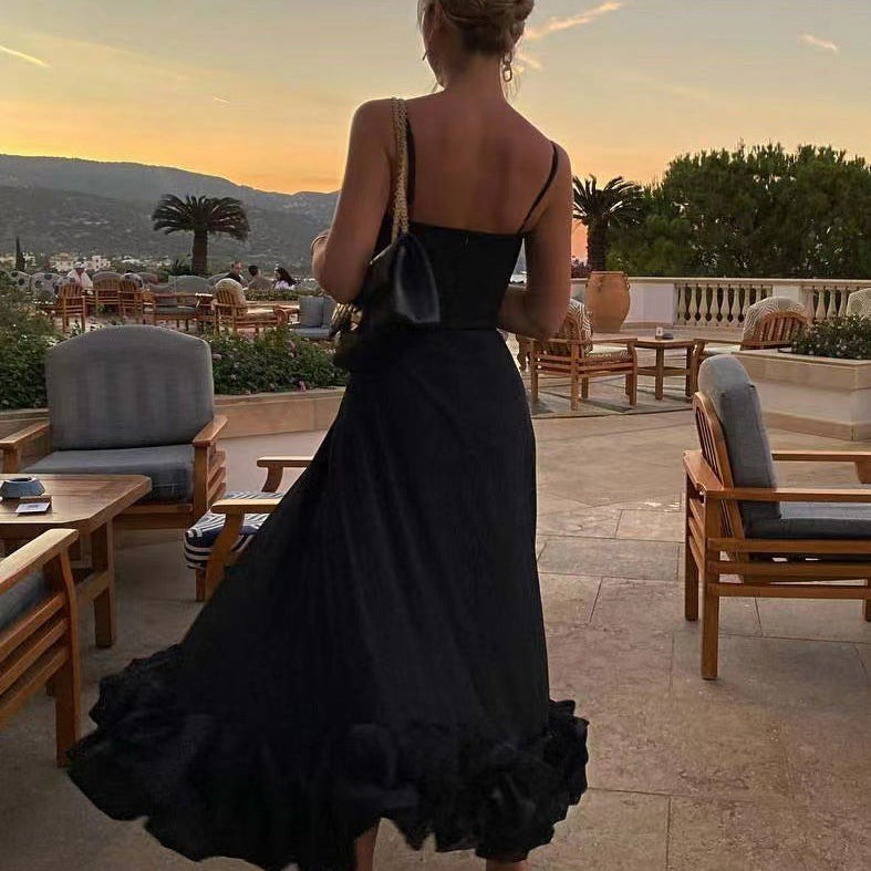 Black spaghetti strap dress from the THREE DIMENSIONAL FLORAL A LINE DRESS collection