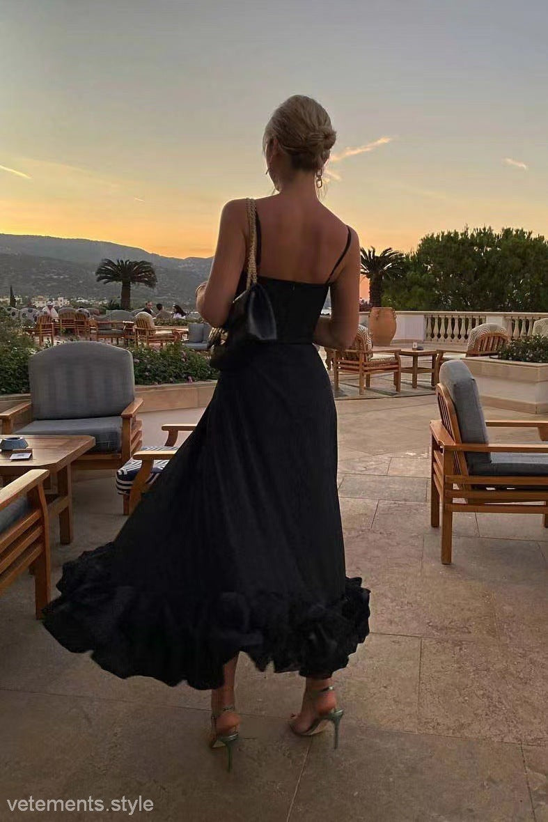 Black spaghetti strap dress from the THREE DIMENSIONAL FLORAL A LINE DRESS collection