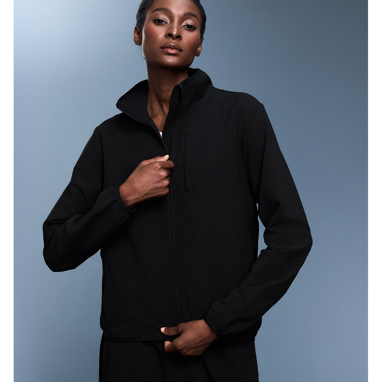 Langry black fleece zip-up sweater for outdoor fashion ملابس