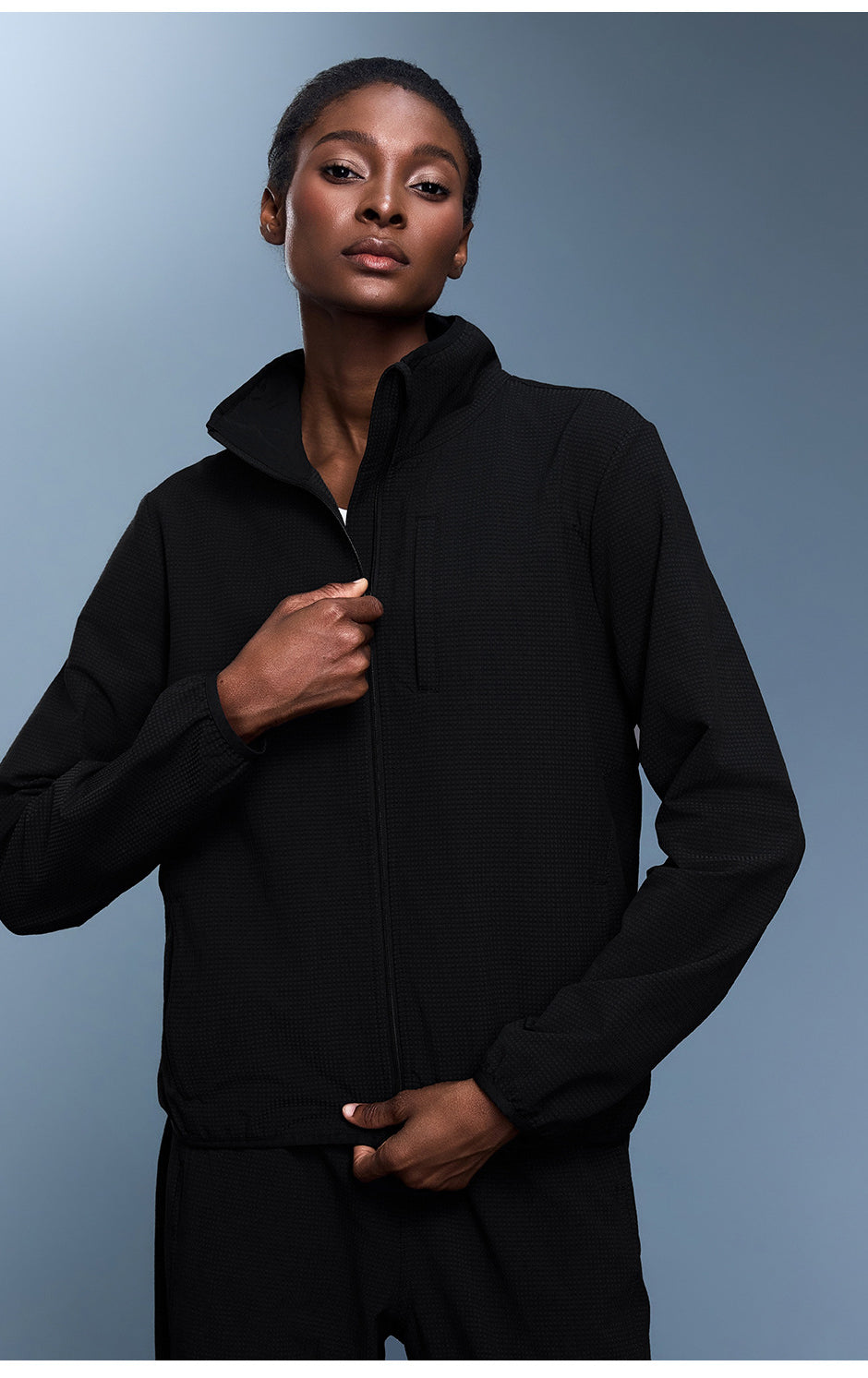 Langry black fleece zip-up sweater for outdoor fashion ملابس
