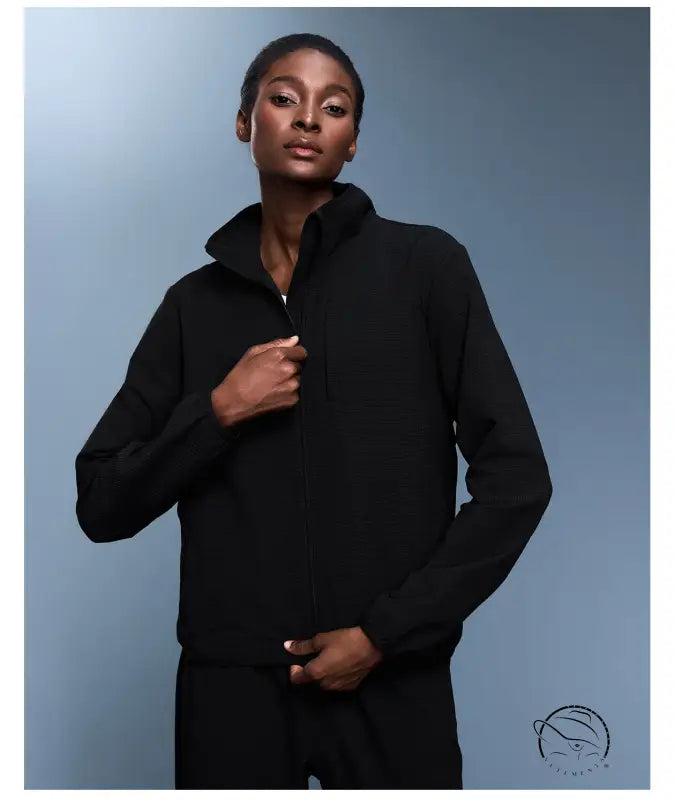 Langry black zip-up fleece sweater thermal coat for outdoor fashion ملابس