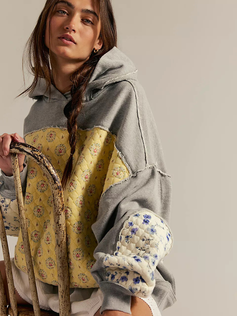 Vintage Langry hooded embroidery stitching sweater with floral patchwork