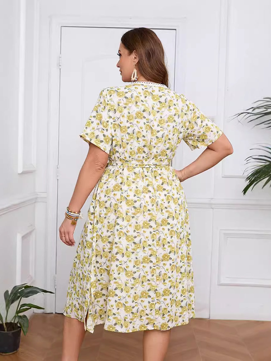 Boho Lace Floral Dress featuring knee-length, short sleeves, floral print, and tie waist