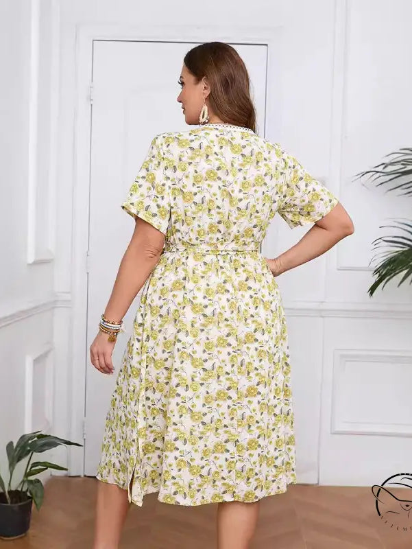 Boho lace floral dress with knee-length sleeves and tie waist