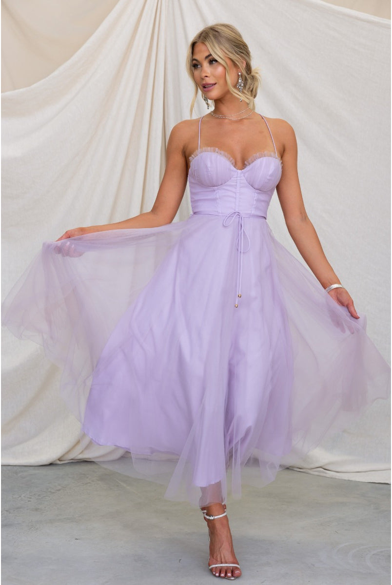 Lavender purple tulle midi dress from Elegant Sling Dress collection, perfect sexy sling dress