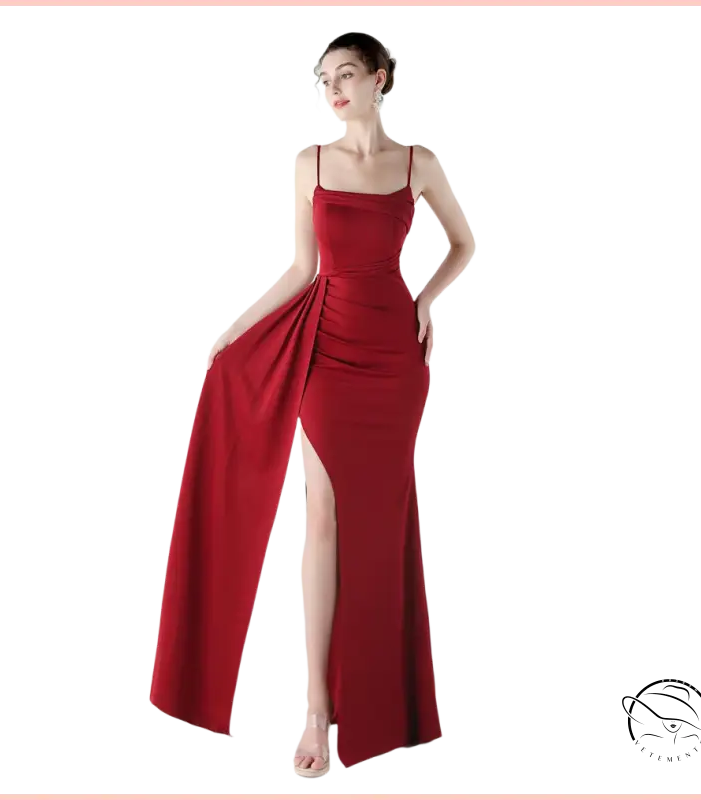 Elegant deep red satin evening gown with high slit, langry fashion ملابس