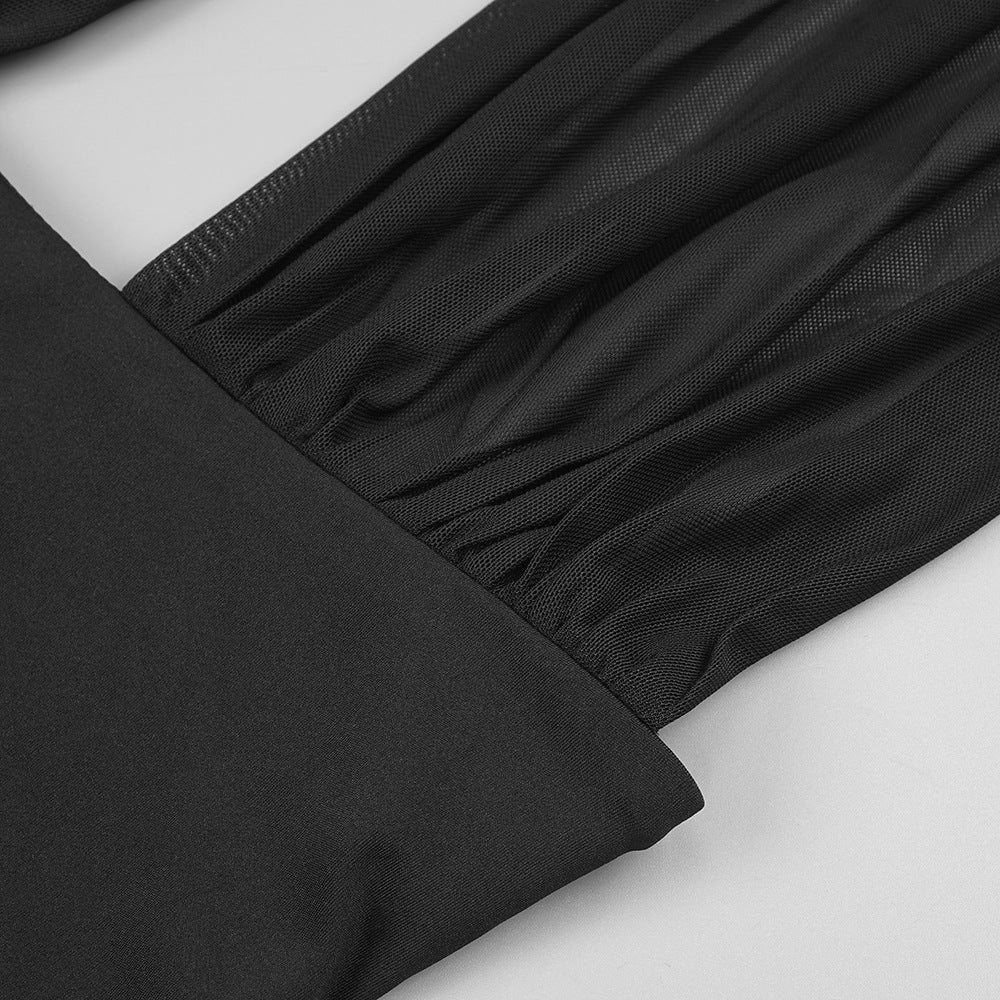 Black mesh sleeve detail on Elegant Slim Halter Maxi Dress, perfect for modern fashion