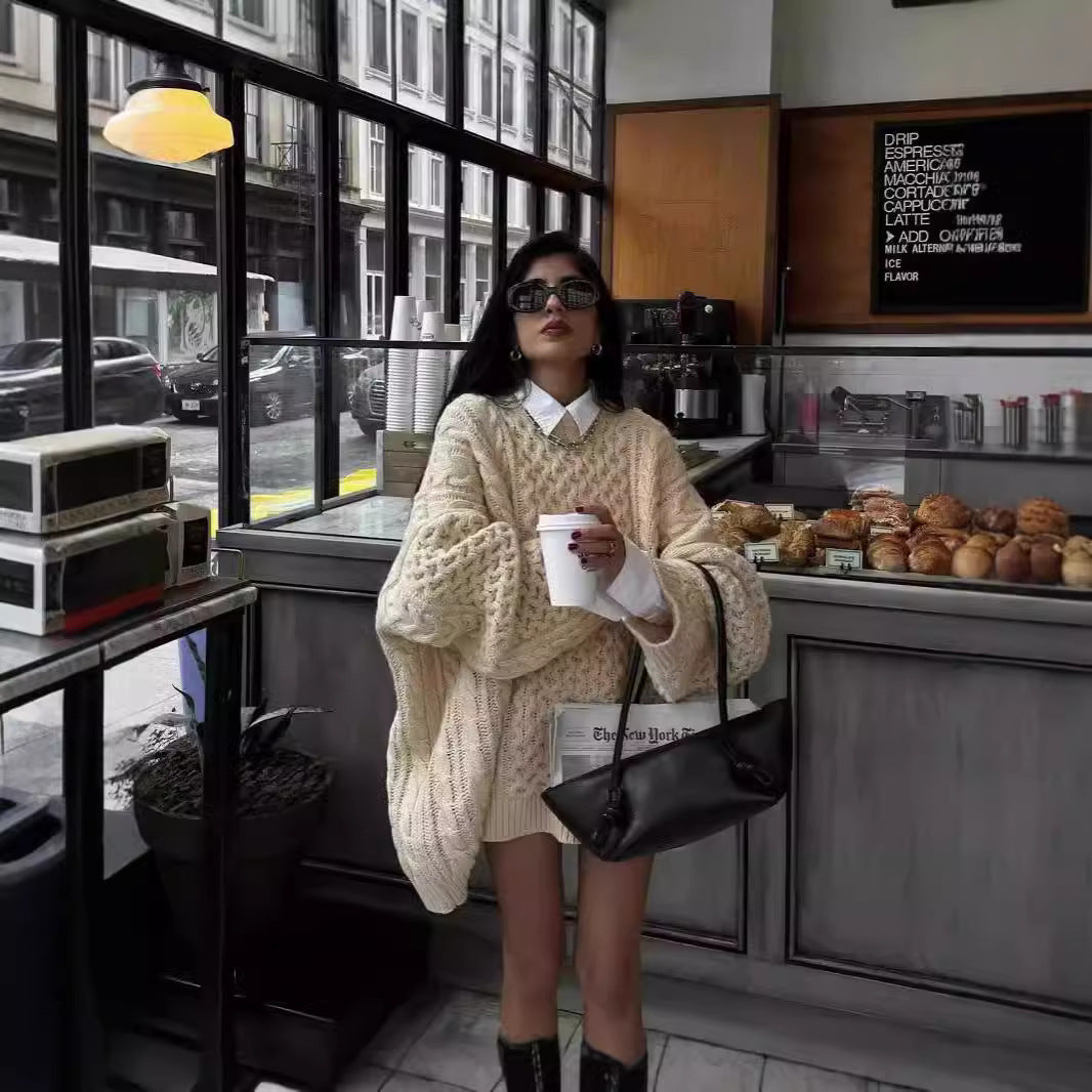Oversized knit sweater outfit showcasing Loose Casual Lazy Knitted Top for stylish langry fashion