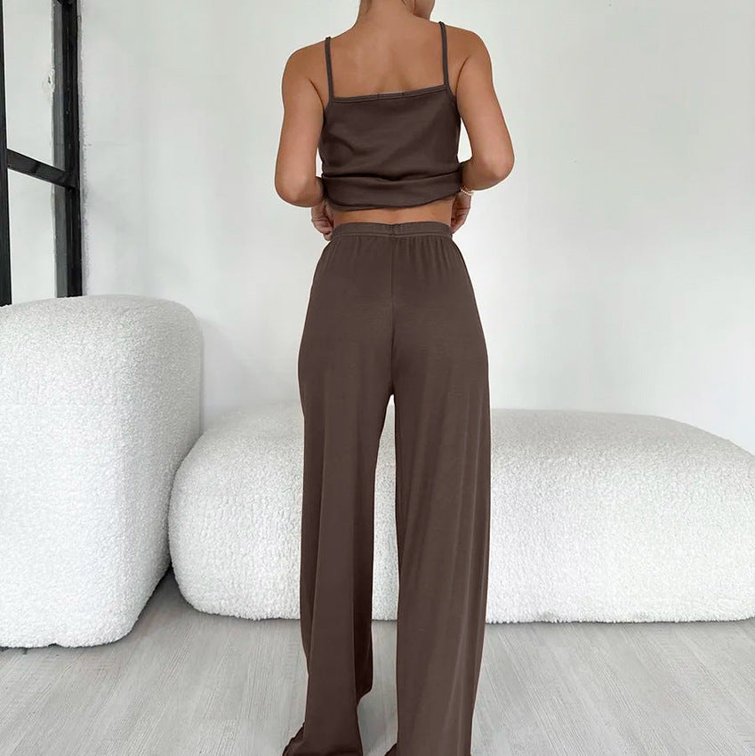 Brown two-piece comfortable knitted pajamas set with crop top and wide-leg pants