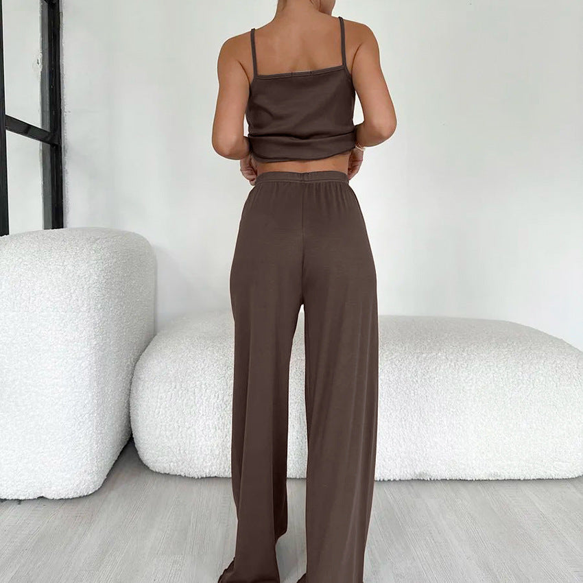Brown two-piece comfortable knitted pajamas set with crop top and wide-leg pants