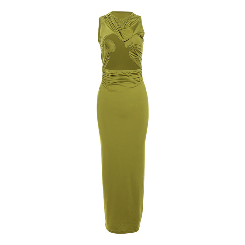Olive green sleeveless pleated slim hip dress from PLEATED SLIM HIP DRESS collection