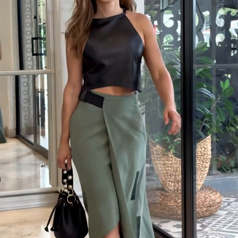 Stylish woman wearing Elegant Sleeveless Halter Short Top Skirt Set in fashion style